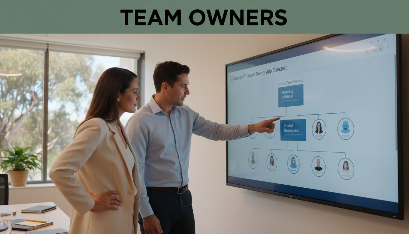 Two business professionals in an Australian office meeting room review a shared screen showing a Teams ownership chart, with one pointing to owner assignments; realistic photo with warm lighting and bold 'Team Owners' headline.