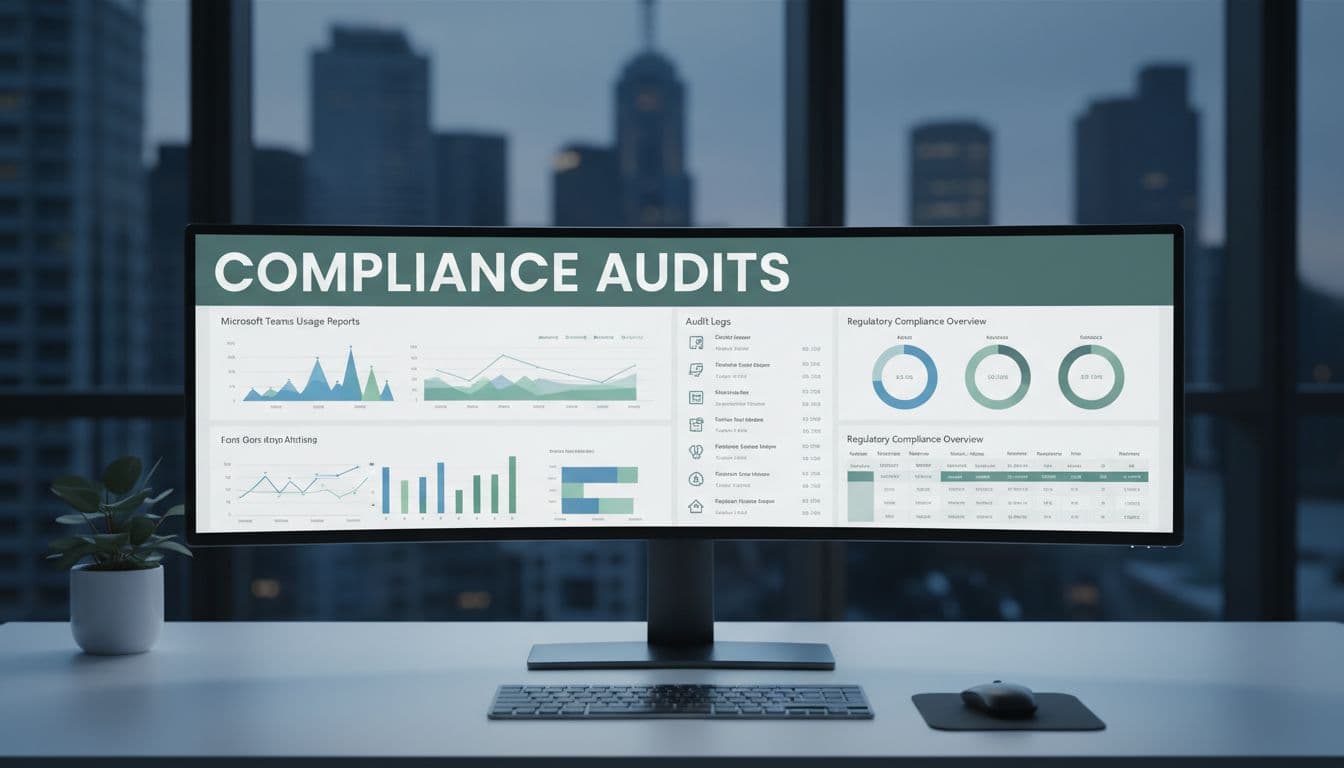 Realistic photo of an IT admin dashboard on a computer screen in a modern Australian office desk, displaying Teams reports, audit logs, and compliance charts under soft office lighting. Features a bold 'Compliance Audits' headline on a muted dark-green band at the top, centered on monitoring tools with no people, phones, text, or watermarks.
