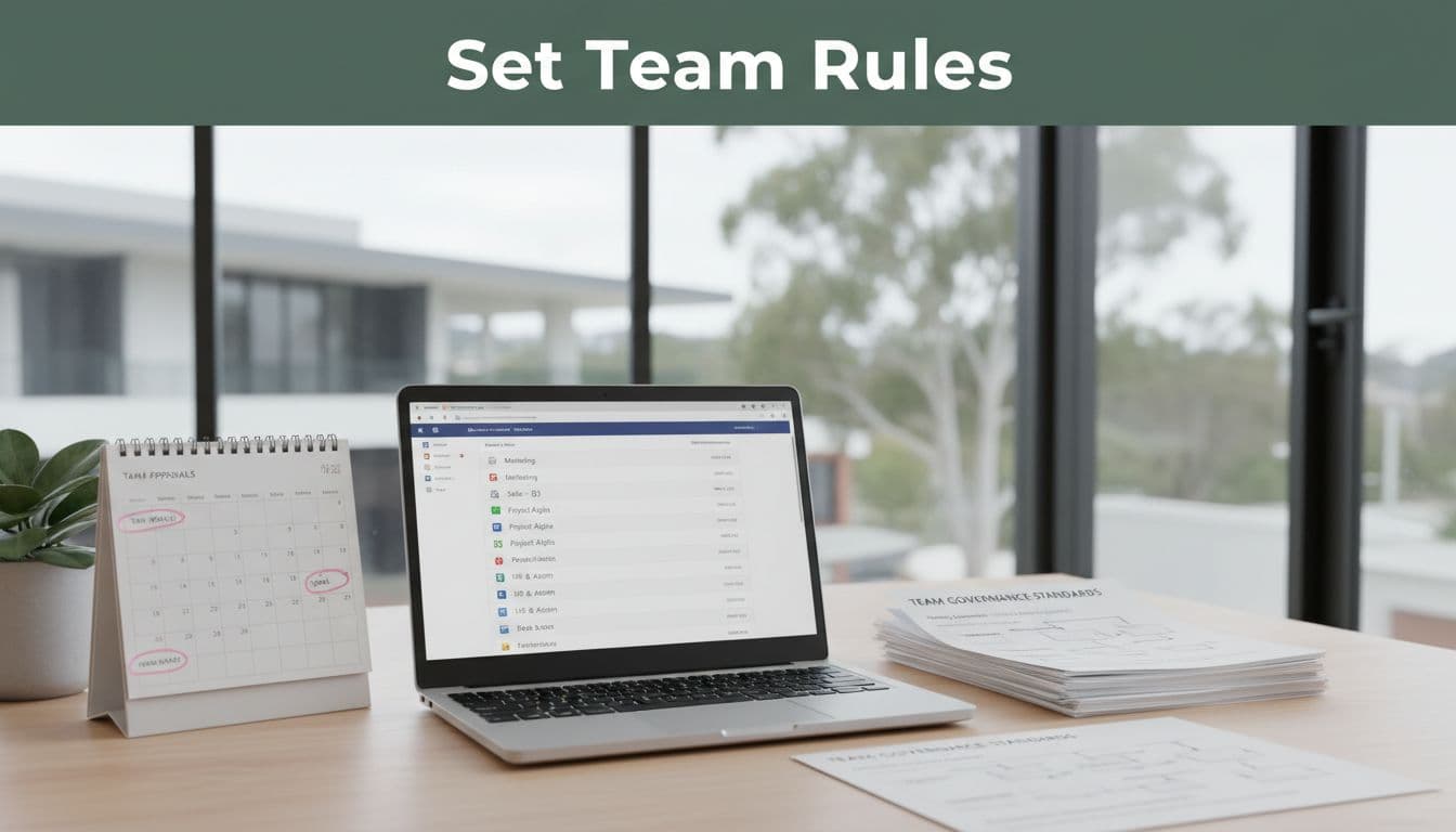A professional office desk in a modern Australian SMB workspace with natural light, featuring a single laptop open to Microsoft Teams showing an organized team list, papers with naming conventions, and an approvals calendar. Bold headline 'Set Team Rules' in Title Case on a muted dark-green band at the top, clean realistic photo style.
