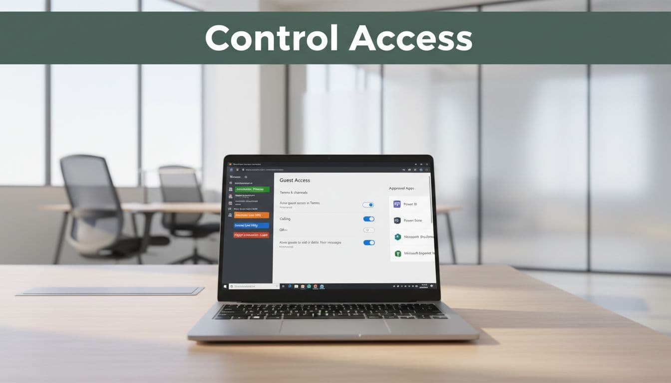 Secure Australian office scene with a laptop displaying Microsoft Teams guest access settings, sensitivity labels on files, and approved apps list, highlighted by a bold 'Control Access' headline.